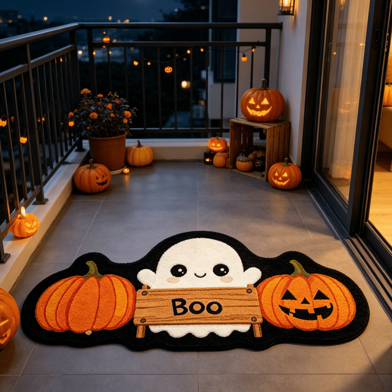 TEMU Velvet 900g 9mm Soft Cute Halloween Style Black And White Door Mat Plush Irregular Carpet Adorable White Double Pumpkin Balcony Window Thickened