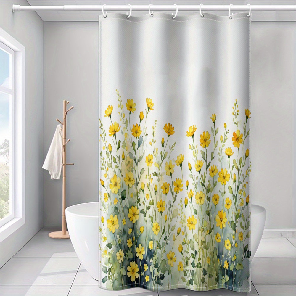 TEMU 1pc Watercolor Yellow -style Printed Shower Curtain, Simple Artistic Style Bathroom Home Decor With Plastic Hooks, Suitable For Home And Hotel,