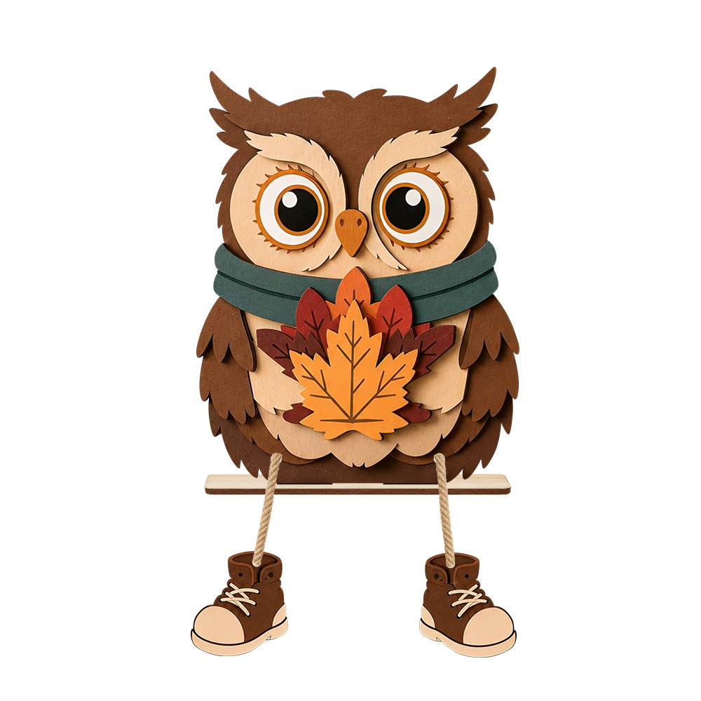TEMU 1 Wooden Printed Owl Flat Ornament Decor, Maple Leaf Autumn Ornament With Hanging Legs, Harvest Tabletop Window Fireplace Farmhouse Home