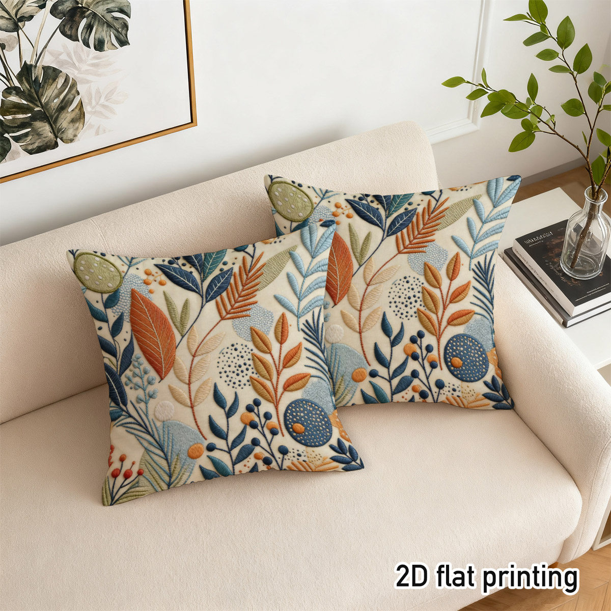 TEMU 2d Flat 2pcs Boho Embroidered Floral And Leaf Throw Pillow Covers, Duplex Prints With Inspired Patterns, Ideal For Modern Sofa, Cozy Bedroom,
