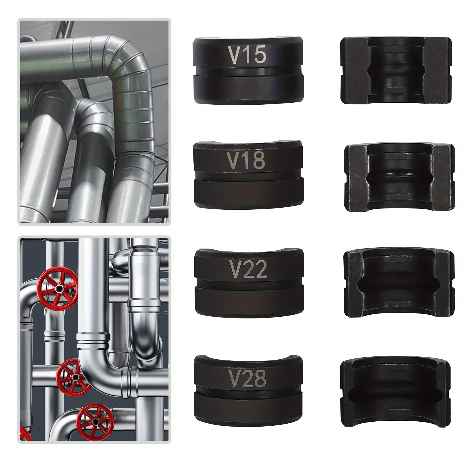 Image of Set Of Crimping Jaws For Pipes, Including Inserts Of Sizes 15, 18, 22, And 28 Mm, Along With A Crimping Tool