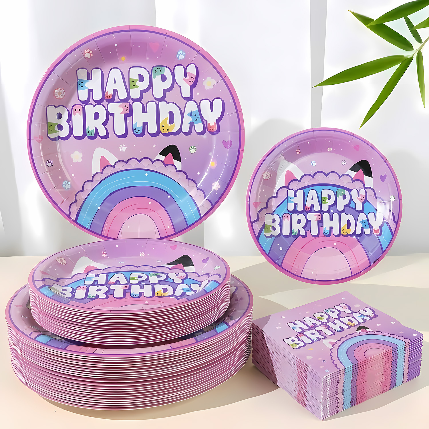 TEMU 60pcs Purple Cat Theme Party Tableware Set Happy Birthday Decorations Paper Plates Napkins Table Supplies School Gathering Event Celebration