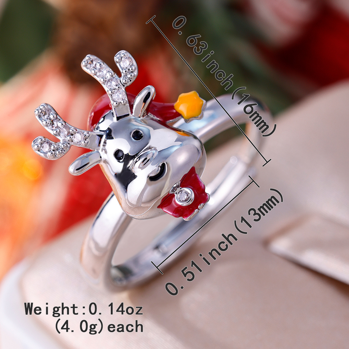 Women's Adjustable Reindeer Ring with Rhinestone, Holiday Gift