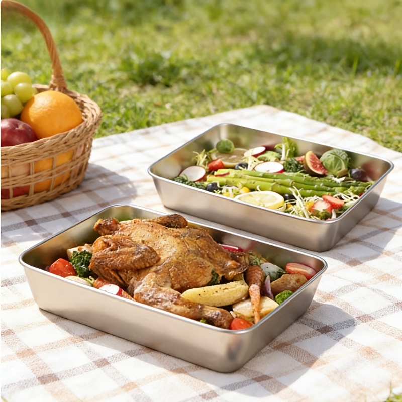 lot de 2 plateaux de service ménagers en acier inoxydable, style épaissi pour desserts, plats froids et apéritifs,   un plateau à tiramisu et un récipient de conservation sous vide gratuit