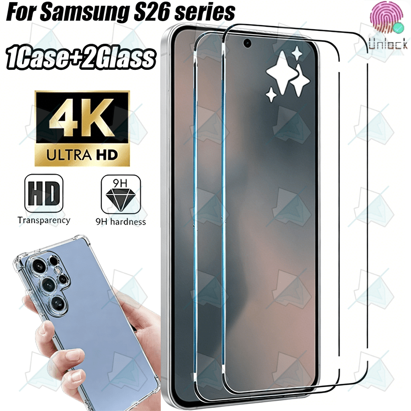 TEMU 1pc Shockproof Case And 2pcs Ultra Hd Tempered Glass Screen Films For S26/s25/s24/s23, Support Fingerprint Unlock, Bubble-free, 9h+ Hardness,