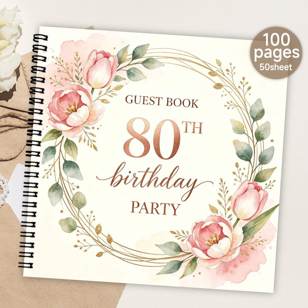 TEMU 1pc Spiral Guestbook, 80th Birthday Party Blank Page Guest Book, Watercolor Pink Floral Golden Wreath Guest Book, Meaningful Gift & Souvenir