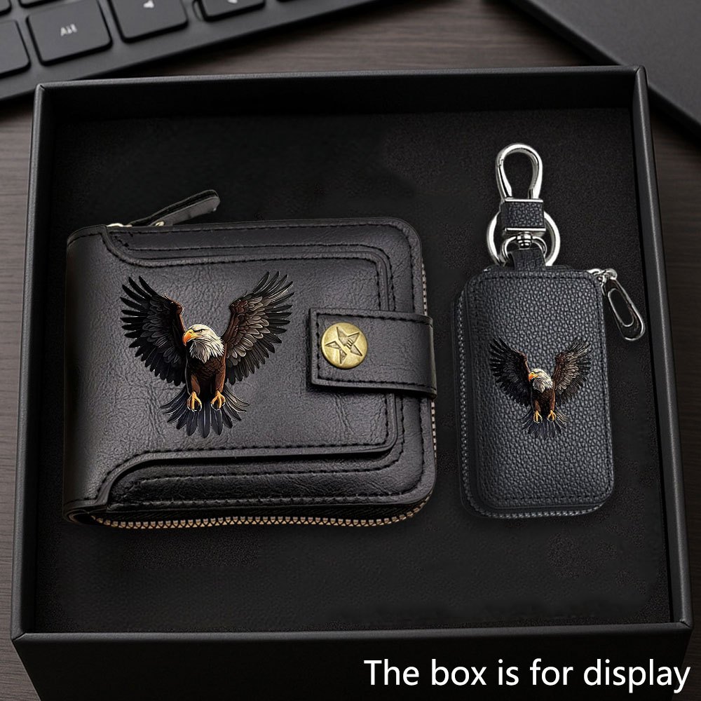 TEMU 2pcs Wallet And Keychain Set Featuring A Stylish Business Wallet -headed Eagle Design And A Key Pouch, Perfect For Gifting To For On Occasions