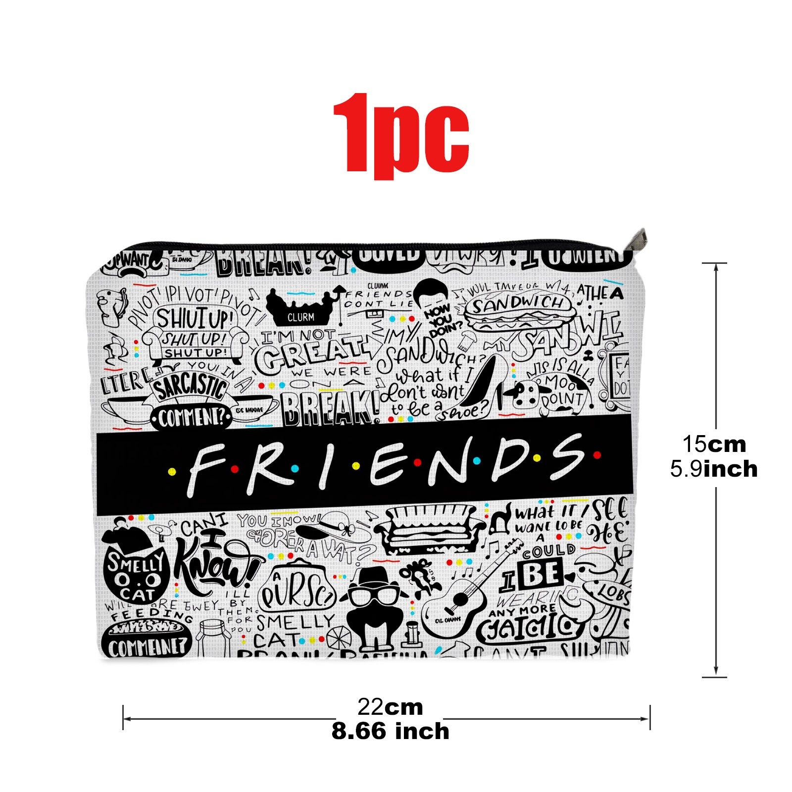 TEMU Wb Tv Show Themed Makeup Bag - Double-sided Iconic Doodle Print With Rachel,, , & Suitable For Travel,, Daily Use, Soft Polyester Cosmetic