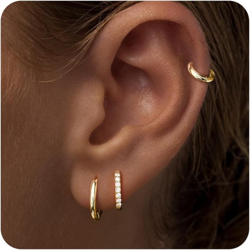 Image of Hoop Earrings Set For Women, Hypoallergenic Plated Hoops For Multiple Piercings, Dainty Cute Mini Lightweight Cartilage Studs Trendy Jewelry Gift