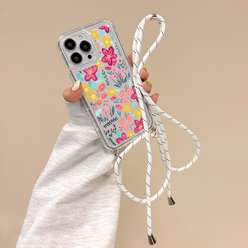 TEMU Phone Case: 2025 Creative All Inclusive Shockproof Flower Pattern Lanyard Phone Case For Iphone 16 15 14 13 12 Pro Max Xs Xr 7 8 Se2 Se3 Pm1