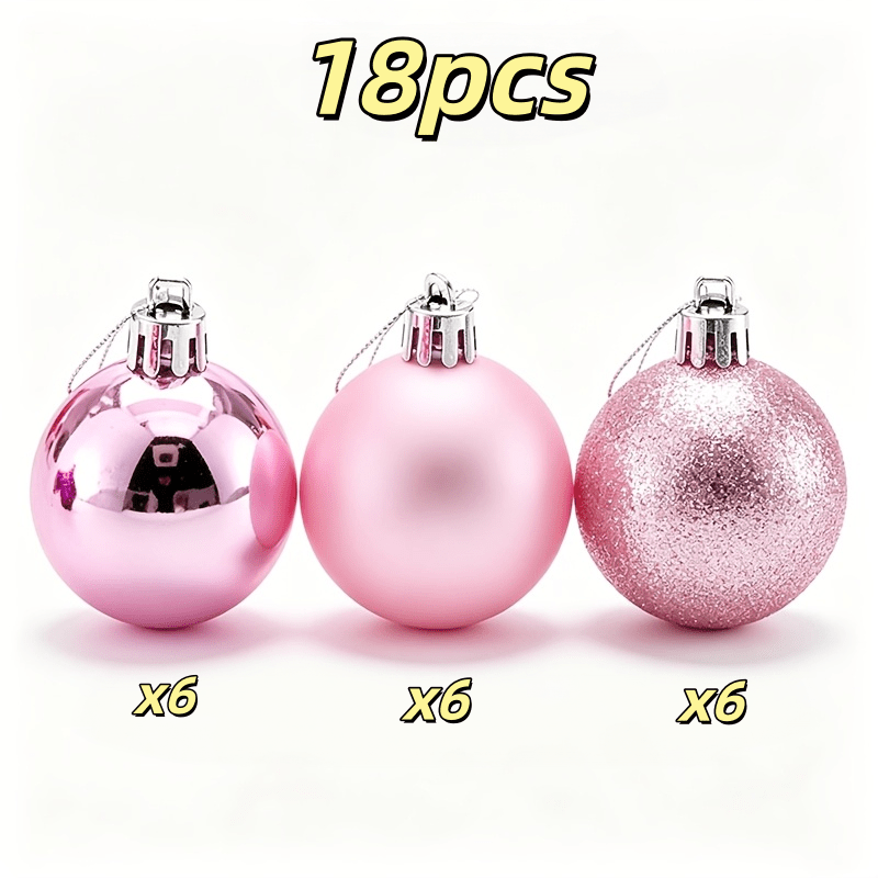 TEMU Nouvelles boules de Noël roses tendance, 18 pièces/ensemble (3 styles, 6 pièces de chaque style), décorations de boules de Noël, boules