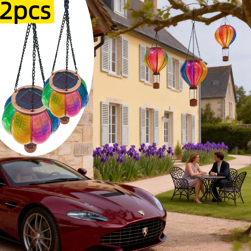 Image of 2pcs Hot Air Balloon Solar Light, Flickering Flame Hanging Lantern, For Garden Patio Tree Porch Party Wedding Holiday Decor, Outdoor Ambient Landscape Light
