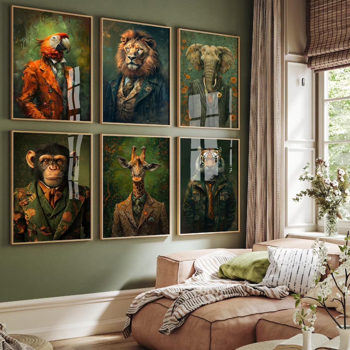 E-shop 2D-Flach, 6er-Set, Vintage-Poster, Kunstdrucke Tiere in Anzügen, Gemälde Papagei, Löwe, Elefant, Affe, Giraffe, Tiger – Fotoposter Wandgeschenk