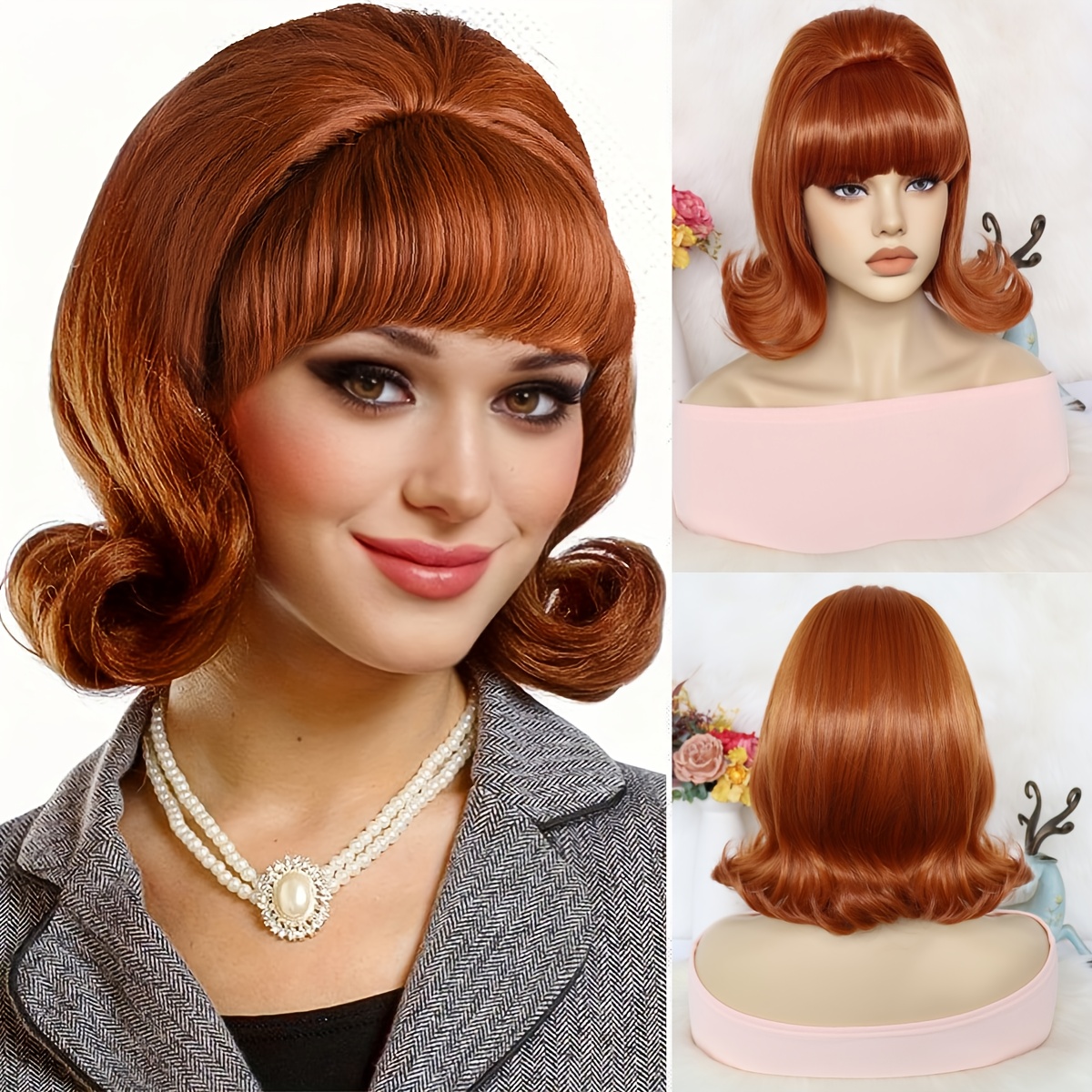 Image of 1950s Retro Flip-up Wig For Women | Synthetic Brown Party Hair With Bangs, Ideal For Halloween, Christmas, Thanksgiving, Daily Wear, And - , , Role-play Enthusiasts.