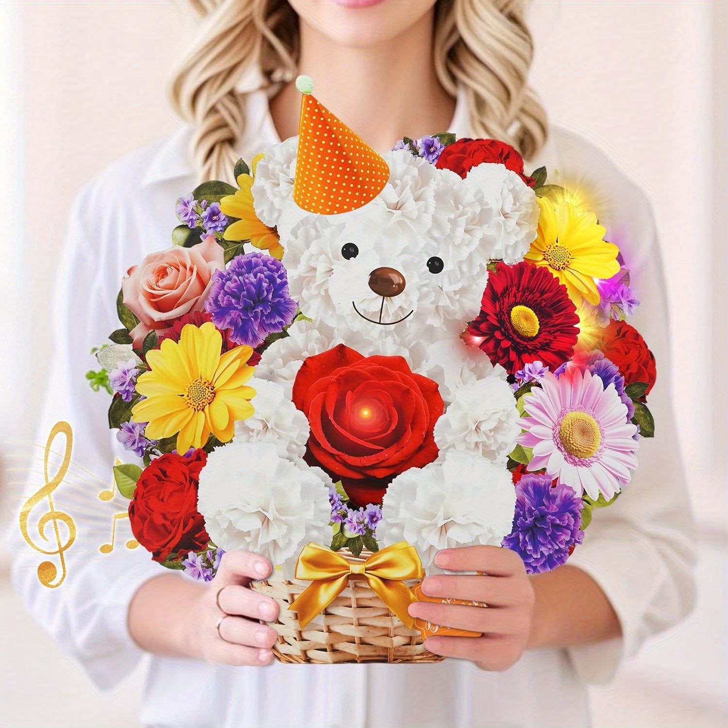 TEMU Birthday Cards With , Happy Birthday Card, Bear & Daisy, 10 Inch Life Sized Bouquet 3d Pop Up Greeting Card For Wife Mom Daughter Grandma Women