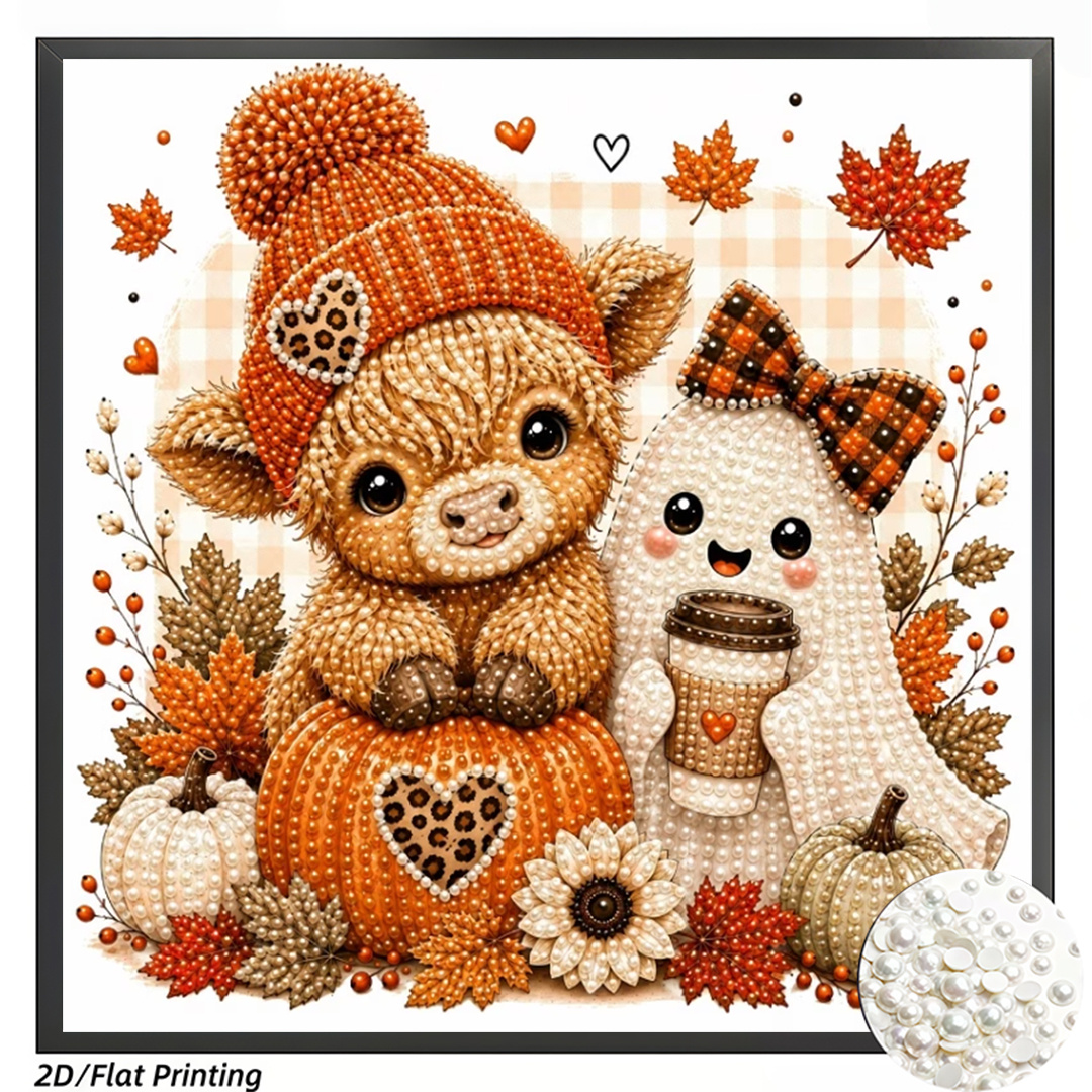 TEMU 2d Flat Printing Painting Drill Kit, Featuring Autumn Highland Cow And Cute Warm Autumn Holiday , Includes Drill Tool And Pearl Bag, Full Set Of