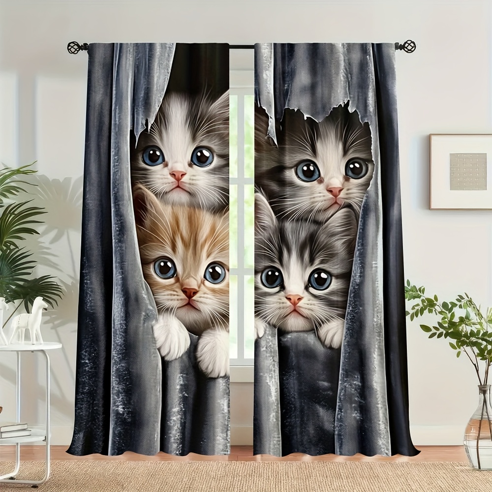 TEMU 2d Flat, [printed Curtains]2pcs 2d Flat, 2d Flat- 2d Flat- 2d Printed 2pcs Set, Cute Cat Design Curtains- Modern Rod Pocket Curtains, Suitable
