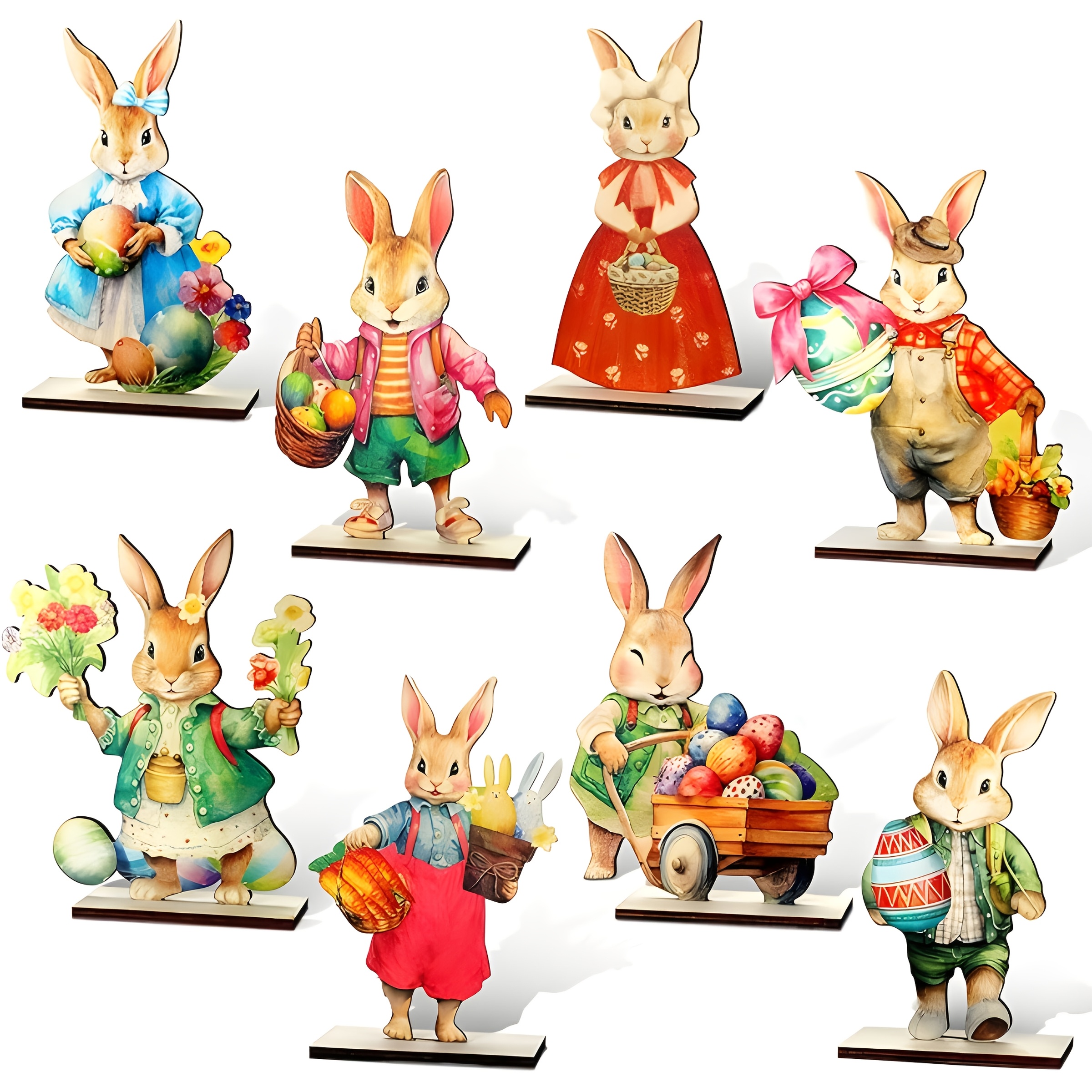 Image of 8pcs Easter Bunny Wooden Signs, Desktop Decor, Vintage Rabbit Table Centerpiece, Country Farmhouse Decor, Easter Spring Birthday Wedding Outdoor Picnic Party Supplies (classic)