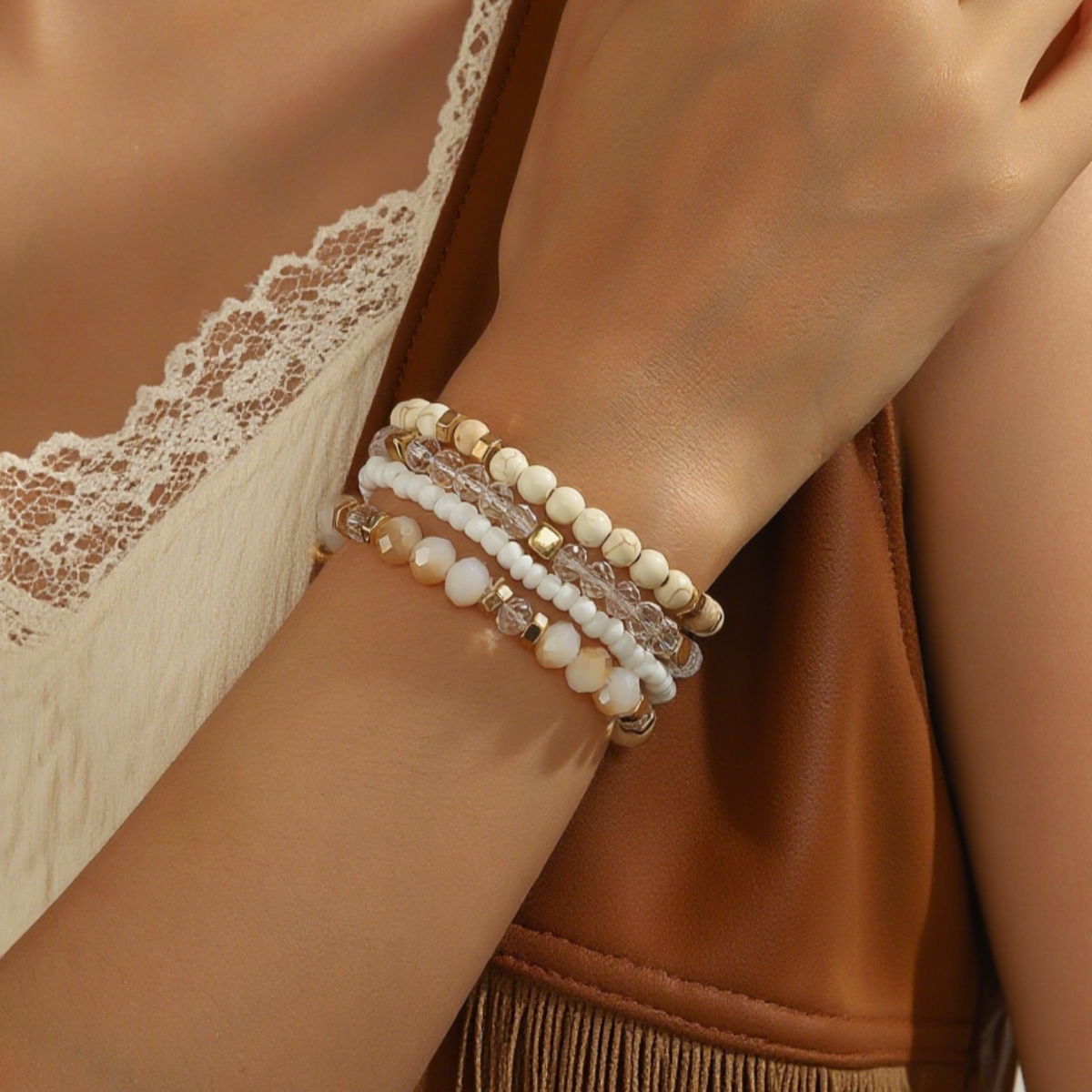 E-shop 4er-Pack Damen Bohemian Vintage Vielseitige Synthetische Türkis + + Saatperlen Stretch Perlen Mehrschichtige Stapelbare Armbänder für , Partys,
