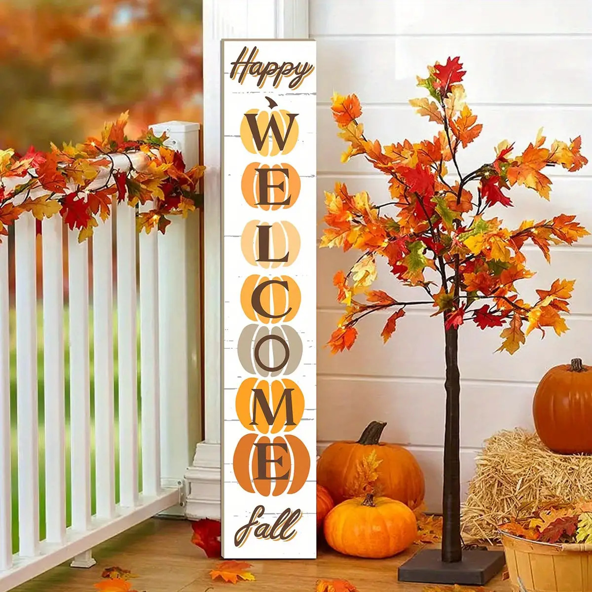TEMU Panneau de 2D Plat pour Halloween et Noël - Décoration d'Automne avec Citrouille, Feuilles et "Joyeux Automne" - Suspension Robuste pour Porte,