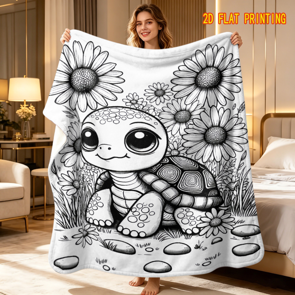 TEMU 1pc Black And White Line Art Cartoon Big- , Daisy, Flowers, Grass, And Pebbles, Fresh And Cute Sunflower Simple Hand-drawn Pattern Soft Blanket,
