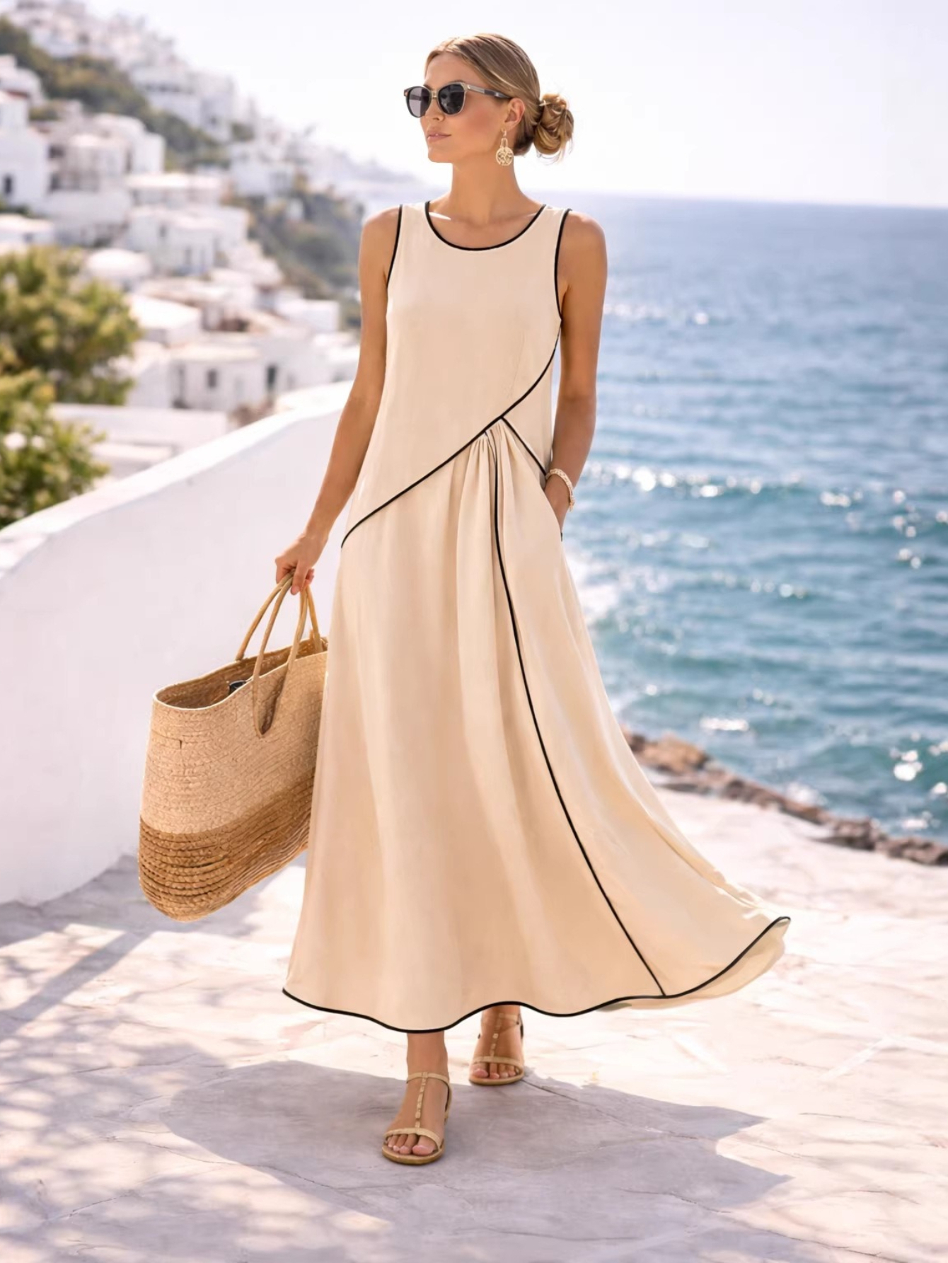 Womens Sleeveless Contrast Piping Maxi Dress Round Neck A