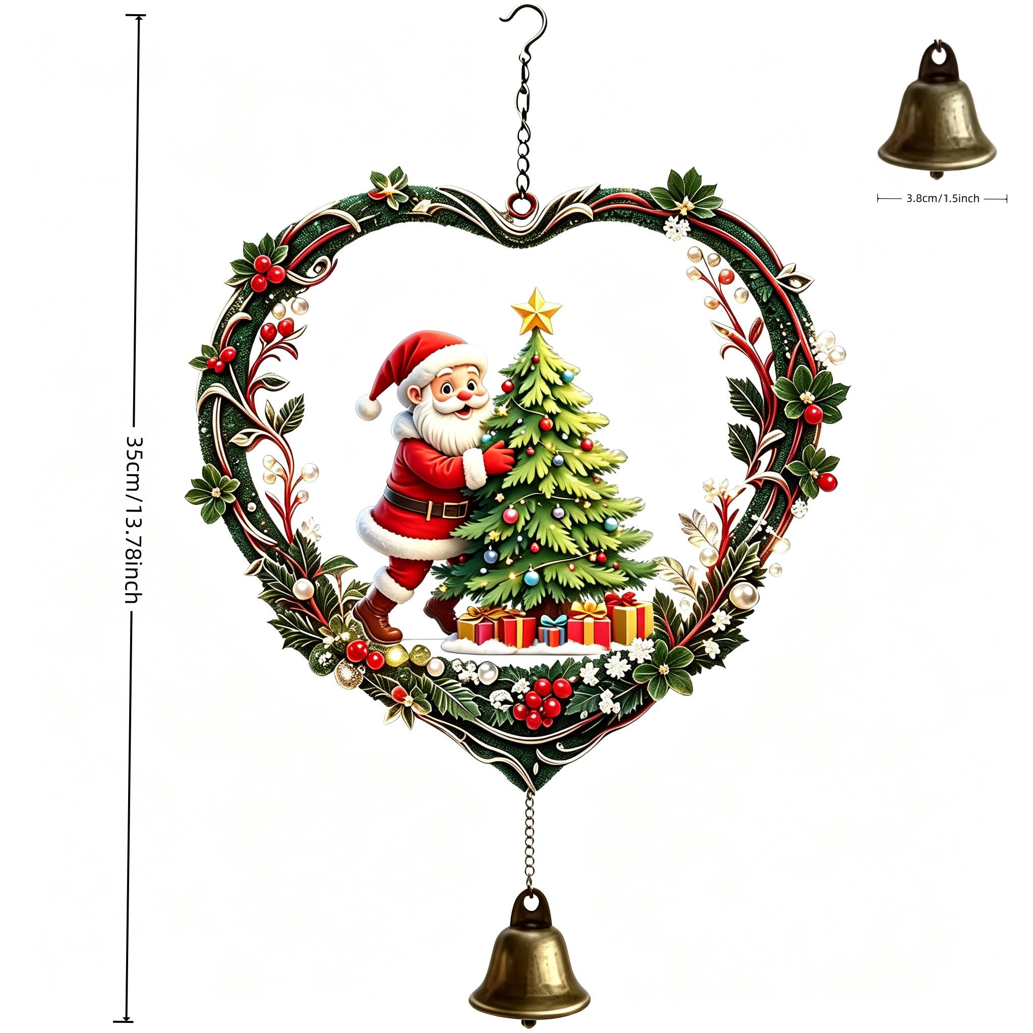 TEMU Heart-shaped Flower Frame Christmas Tree Santa Claus Single Wind Chime Pendant, Suitable For Use On Indoor Windowsills, , And Outdoor Courtyards