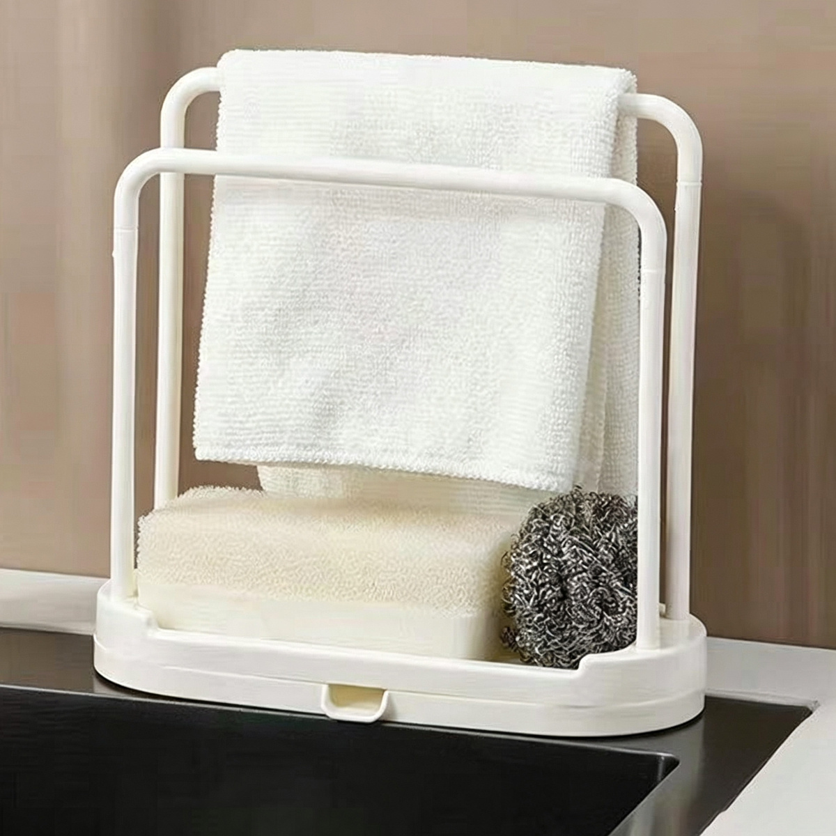 TEMU Kitchen Sink Towel Rack With Drip Tray, Carbon Steel Countertop Sponge Holder, Multi Compartment Dishcloth Drying Stand For Cleaning Rag, Scrub