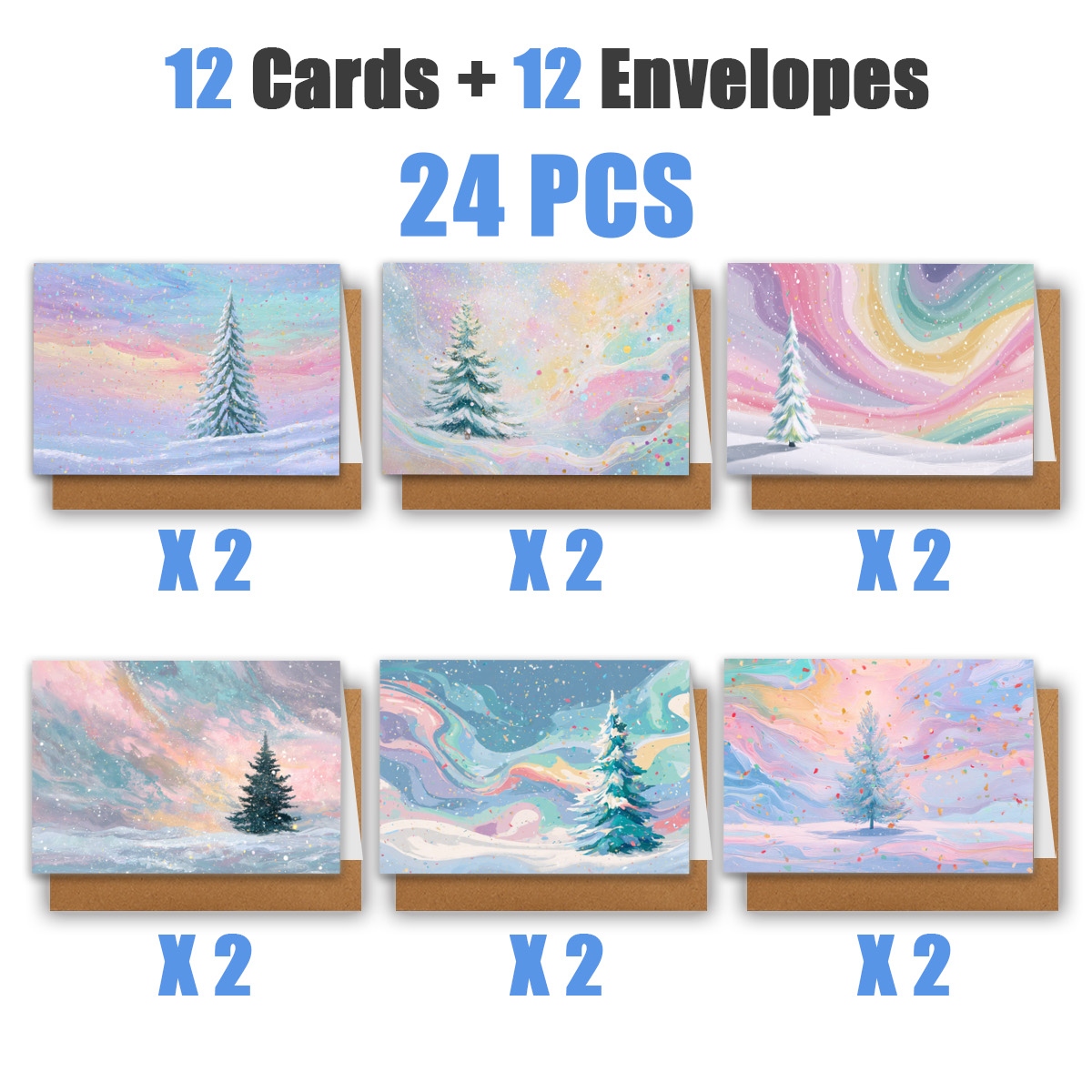 TEMU 1set/ 12pcs/ 24pcs Christmas Snowy Pine Tree And Greeting Cards | With Envelopes, Greeting Cards | Perfect For Birthdays, Celebrations And Thank