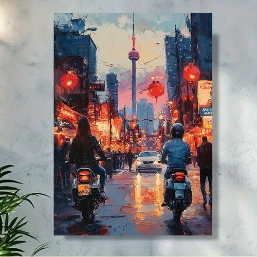 1pc vibrant cityscape motorcycle street art print frameless 12x16 scene with red lanterns reflective sky living room bedroom decor ideal gift for mothers day valentines easter thanksgiving ar