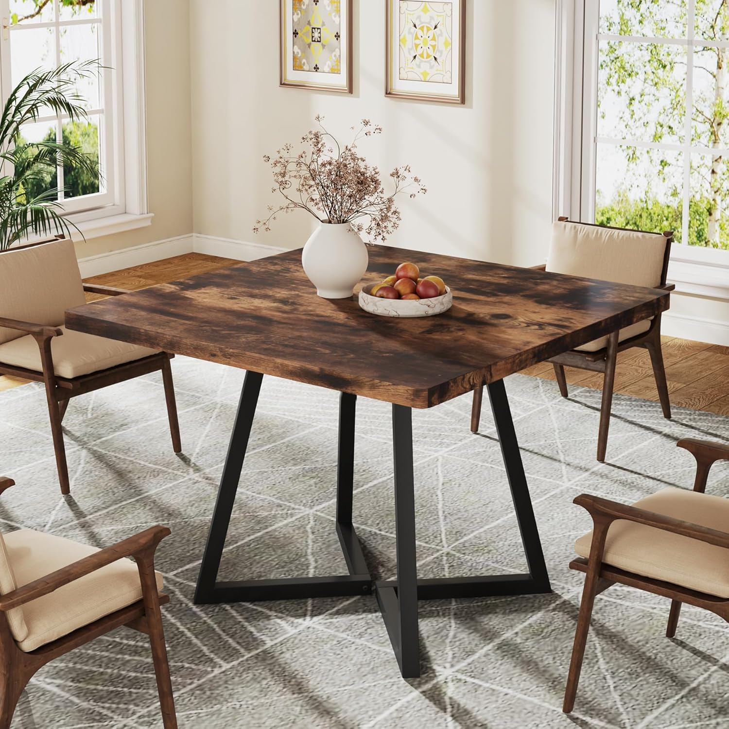 Square Dining , " Industrial Dinner Table With Metal Base, Kitchen Table For Dining Room, Small Space, Apartment, Rustic