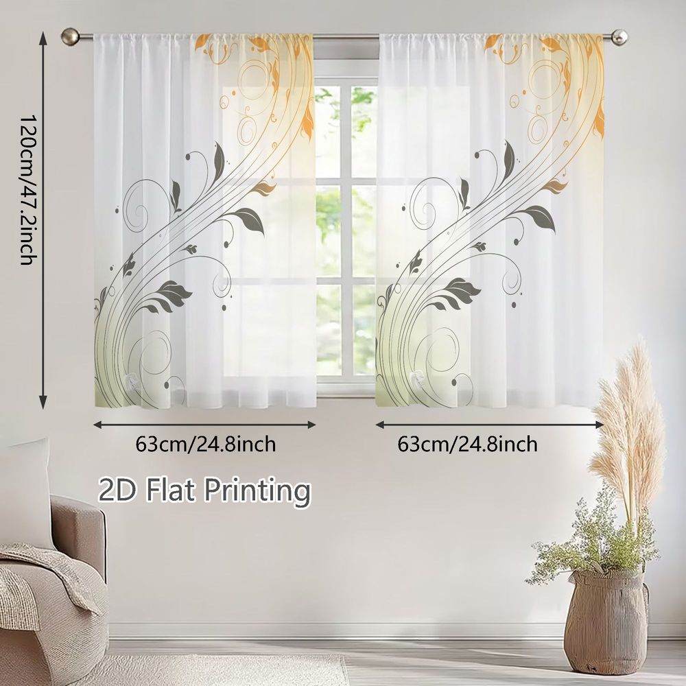 TEMU Rideaux Voilages Bohèmes Floraux 2D Plats - 2 Pièces - Semi-Transparents avec Dégradé Orange Chaud vers Jaune , Légers en Polyester pour Salon,
