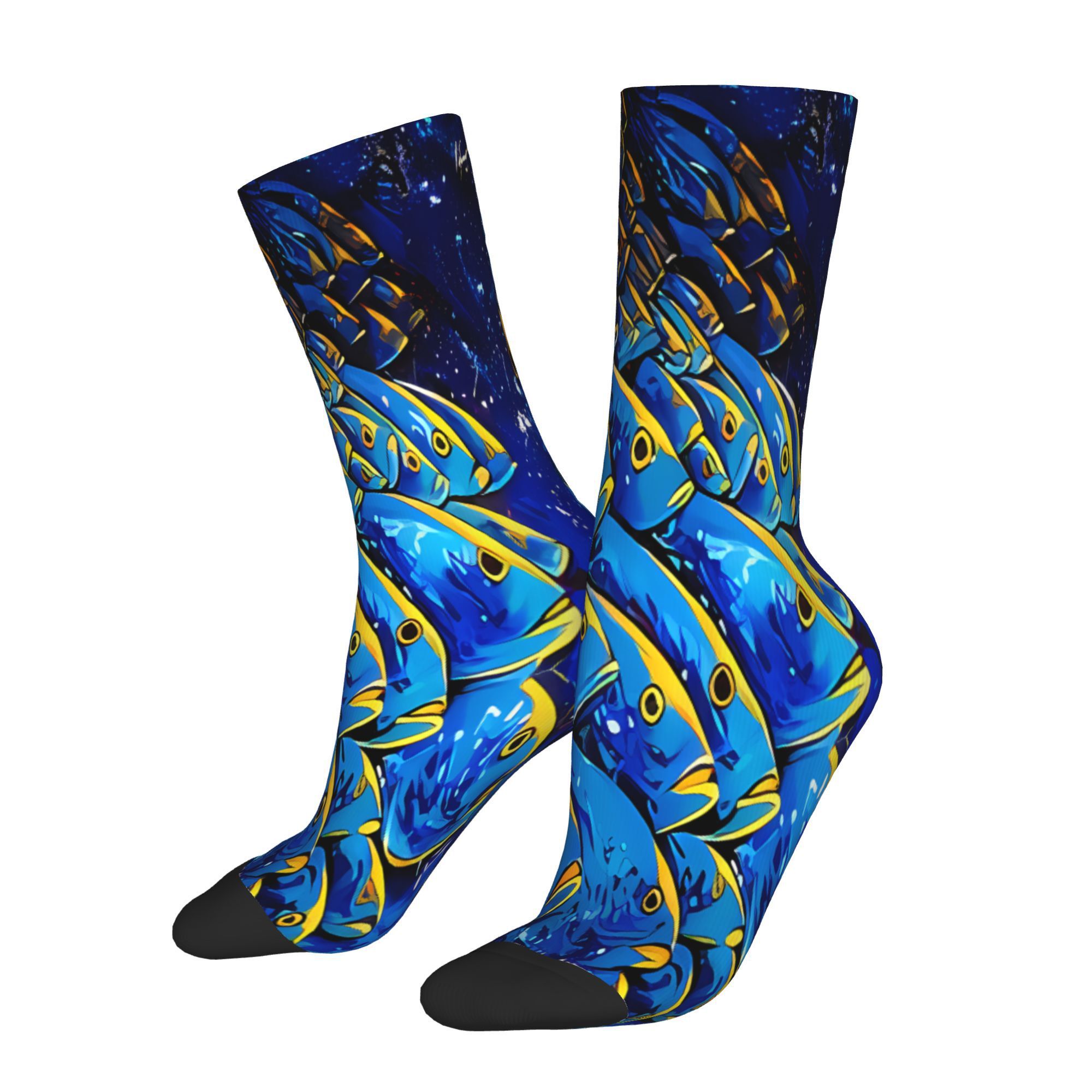 

Men's Knit Fabric Crew Socks With Fish Print, Polyester 95%, Elastane 5%, Breathable, Stretchable, With Hand Washable Fish