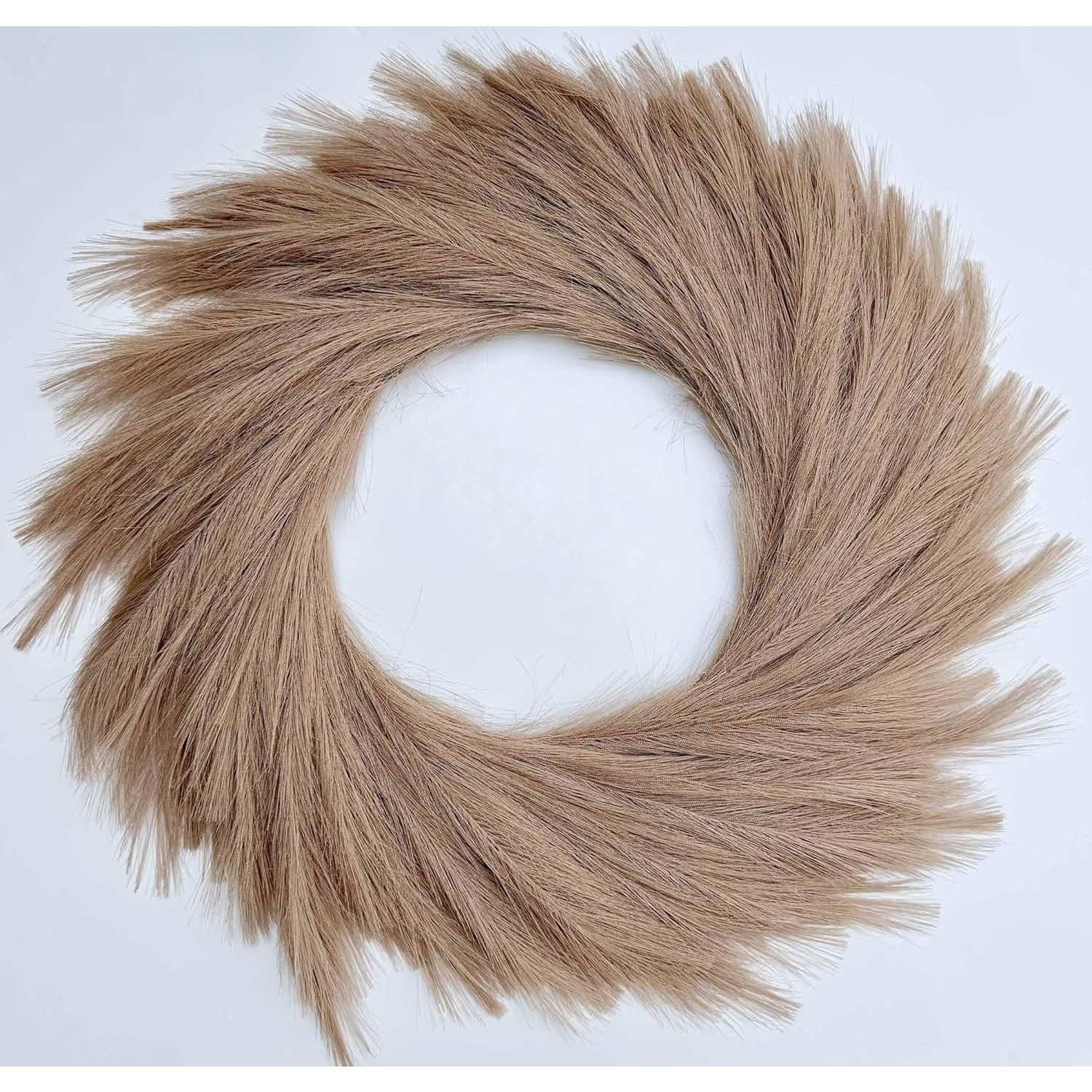 Image of A 27-inch Pampas Grass Wreath Designed For Outdoor Use, Perfect For Adorning Your Front Door, Porch, Or Wall. This Fluffy Bohemian-style Decor Piece Is Ideal For Any Season And In A Brown Color