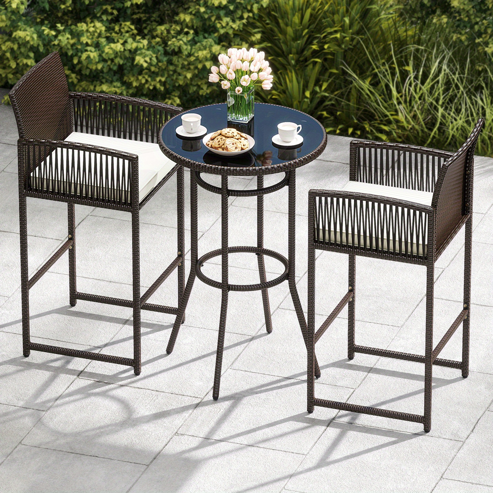 LIFEZEAL 3pcs Outdoor Bar Set, Featuring a Wicker Bar Table And Armchairs with Two Cushions, Sturdy Metal Barstools And Table with Glass Top for Your Backyard, Poolside, Or Porch, Outdoor Bar Table And Chair, Outdoor Table And Chair Set, Outdoor High Top Table And Chair, Patio Set Outdoor, Patio Table And Chair Set, Outdoor Patio Bar Set, High Top Outdoor Table And Chair, Bar H Table, Outdoor Bar Chair, High Top Table And Chair Outdoor, Outdoor Dining Table And Chair, High Table And