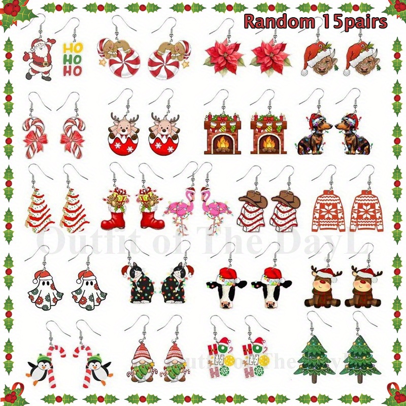 TEMU 15 Pairs Cute And Cartoon Xmas Dangle Earrings, Christmas Tree, Elk, Santa Claus, Gingerbread Man, Penguins, Gnomes, Flamingos, Animals, All