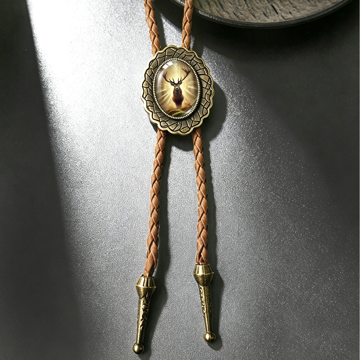 TEMU 1pc Brown Bolo Necklace With Woven Forest Deer Pattern Printed Fashionable Men's Accessory
