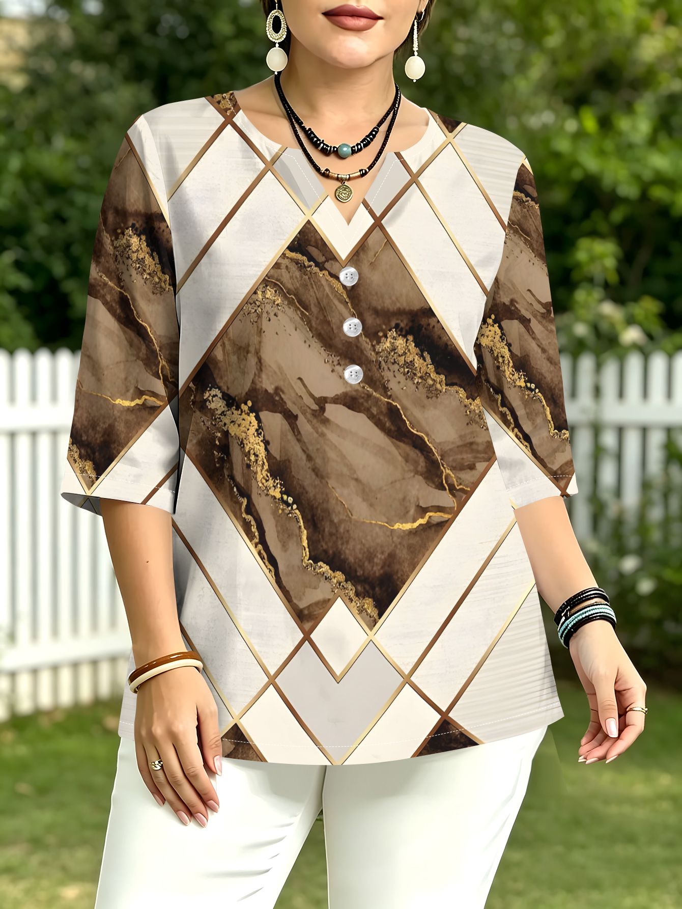 womens summer autumn new button 3 4 sleeve t shirt geometric brown decorative painting casual fashion top