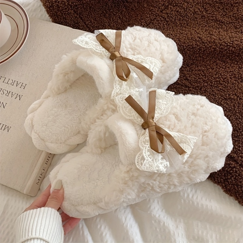 Image of Fashion Sweet And Cute Bow Plush Shoes Women's Winter Student Home Slippers, Random Styles, Women Shoes