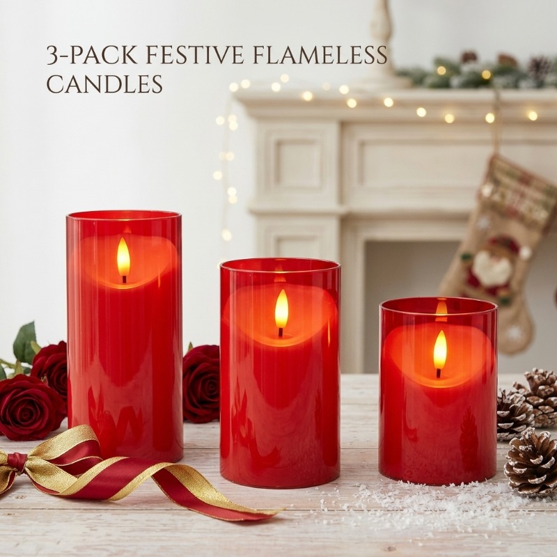 TEMU Red 3pcs Flickering Candles, With Realistic Candle , 2pcs Aa Batteries, Suitable For Wedding, Valentine's Day, Eid Al-fitr, Halloween And