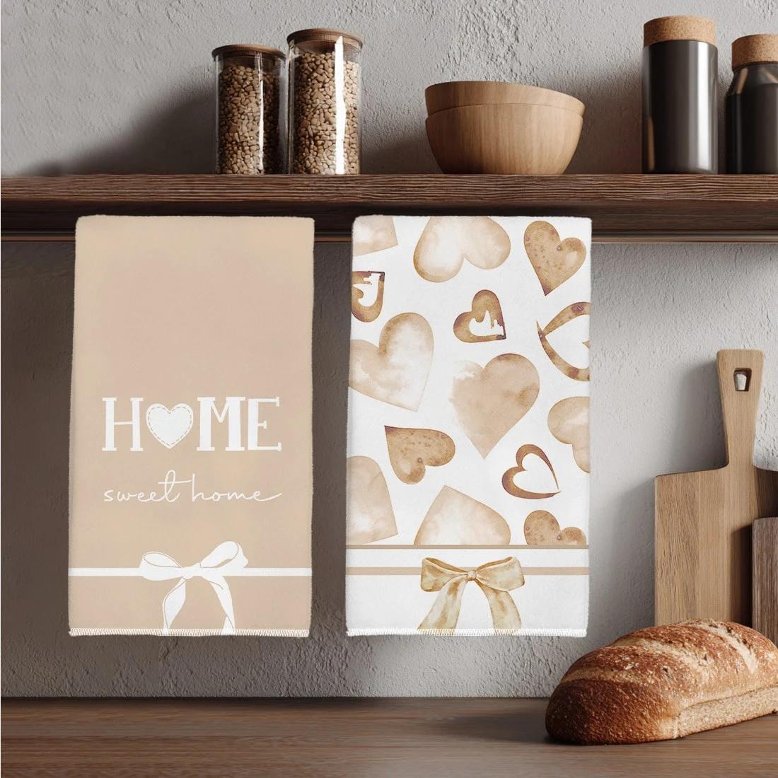 TEMU 2pcs, Serviettes de avec motif cœur en encre couleur thé , Serviettes à repas douces avec nœud, Adaptées à domicile, à la cuisson, à , au