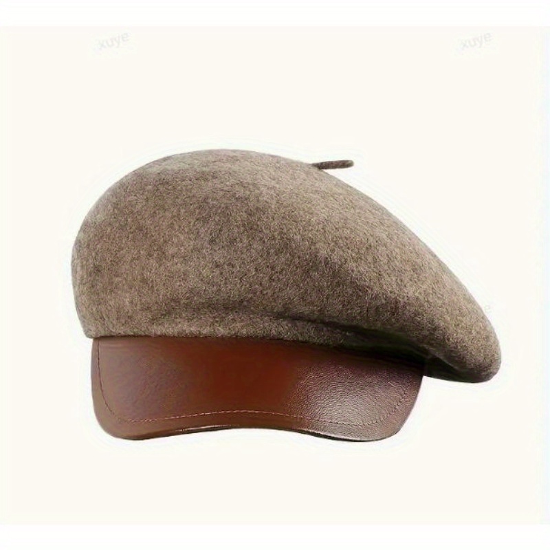 TEMU 1pc Retro Wool Beret With Faux Leather Brim - British Style, Autumn And Winter Color