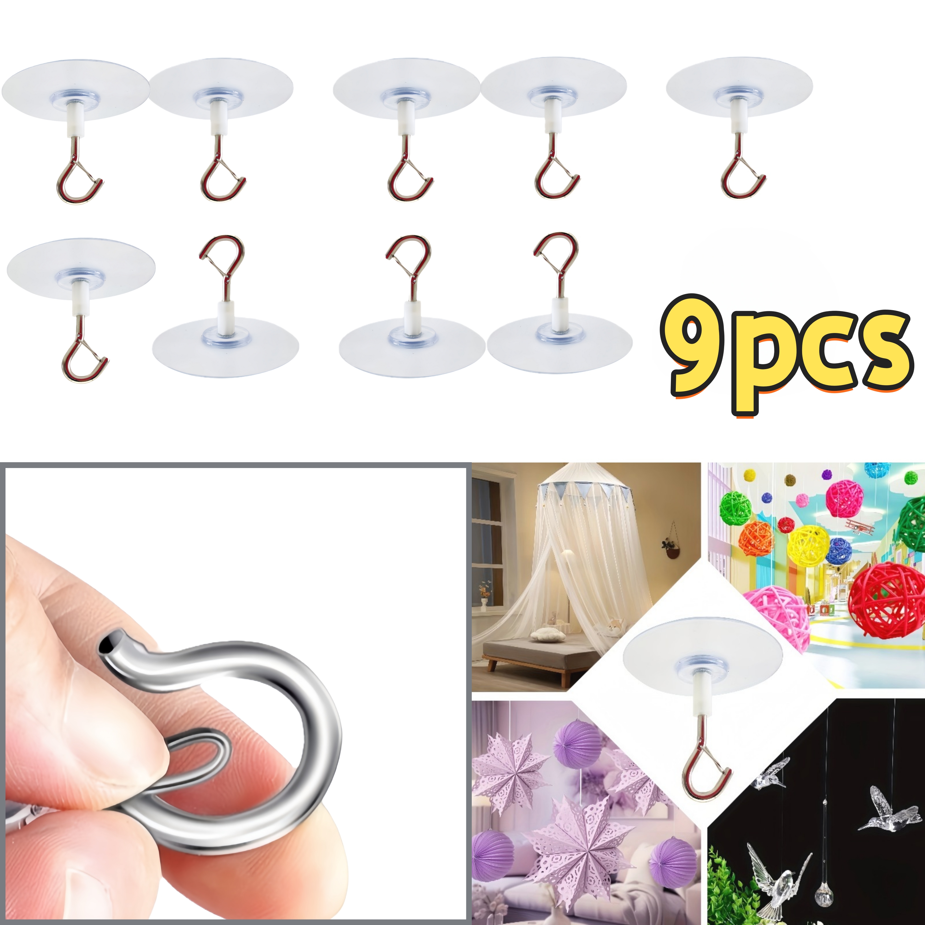 E-shop 9er-Pack Hochbelastbare Selbstklebende Deckenhaken, Dekohaken, Stabile Selbstklebende Mehrzweckhaken, Keine Bohrung erforderlich, Geeignet für