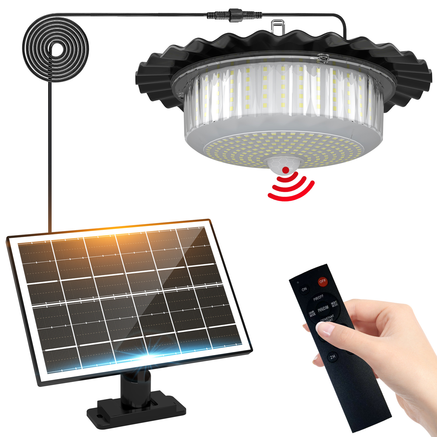 E-shop 1 Stück Solar Außen-Pendelleuchte, 396 LED Hängelampe mit Fernbedienung & Bewegungssensor, 360° Weitwinkel-LED-Beleuchtung, solarbetrieben, für