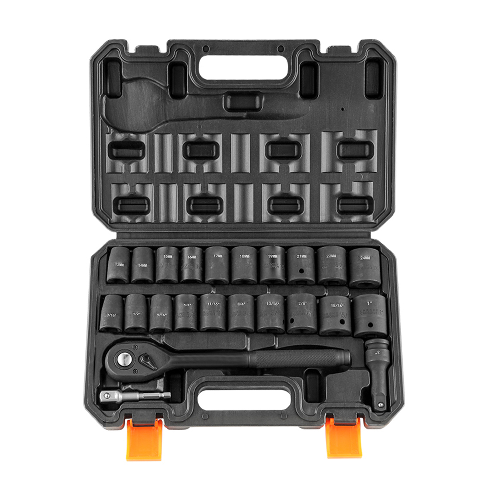 1/2" Drive Impact Socket Set, 23pcs Socket Set Sae (7/16"-1") And Metric 6 Point For Auto Repair With Ratchet Handle Rugged Construction Storage Case