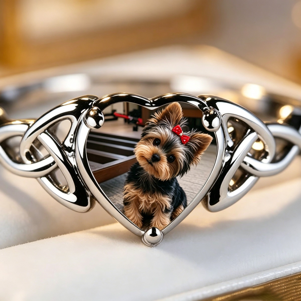 Heart-Shaped Yorkshire Terrier Puppy Ring, Celtic Knot Design
