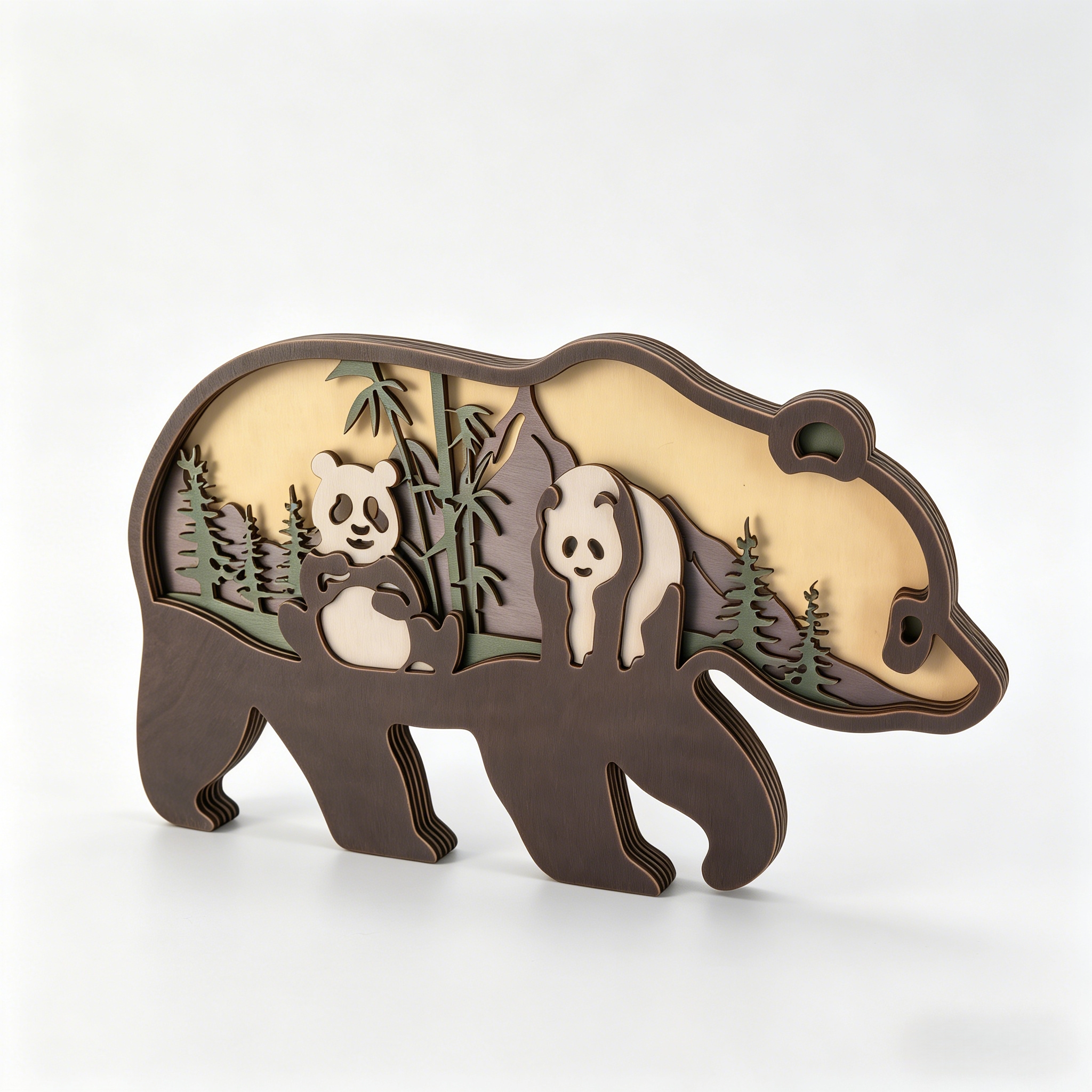 Image of 5-layer Wooden Bear Desk Decor, 3d Hollow Out Panda Scene Wood Carving Ornament, Rustic Wildlife Tabletop Sculpture Home Office Desktop Decoration Unique Gift