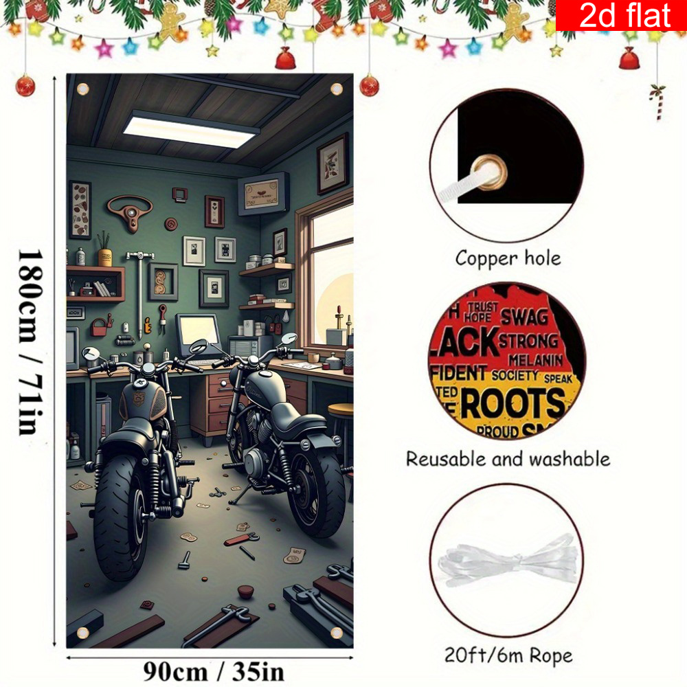 TEMU 2d Flat, 2d Door Banner, 1pc Motorcycle-themed Door Banner Curtain With 2 Motorcycle Patterns - - Indoor/outdoor Garage & Cave Decor, Suitable