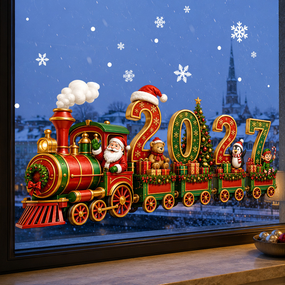 TEMU 2pcs/set Christmas Retro Train Window Stickers, And Green Color - 1pc 2027 Car With Cute Santa Claus, Penguin And Elf Double-sided Visual, With