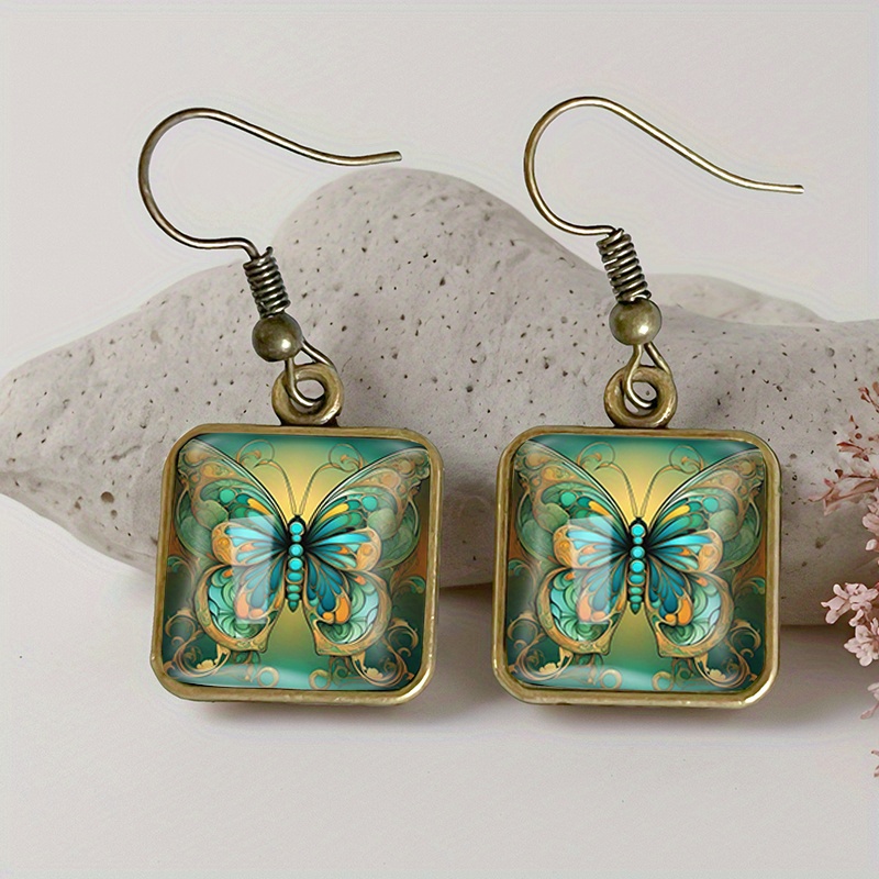 TEMU 1 Pair Square Earring Retro Glass Dangle Earrings Handmade Jewelry Gift
